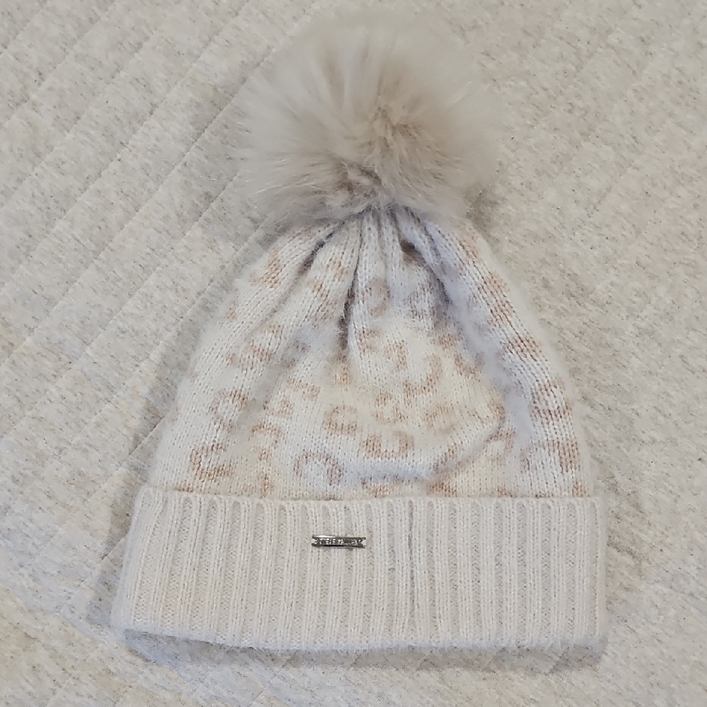 Steve Madden Creamy Pink Leopard Print Pom-Pom Beanie